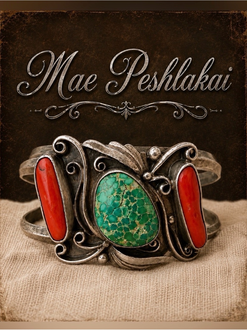 🌟 Mae Peshlakai Navajo Sterling Silver Turquoise Coral Cuff Bracelet Signed Vtg